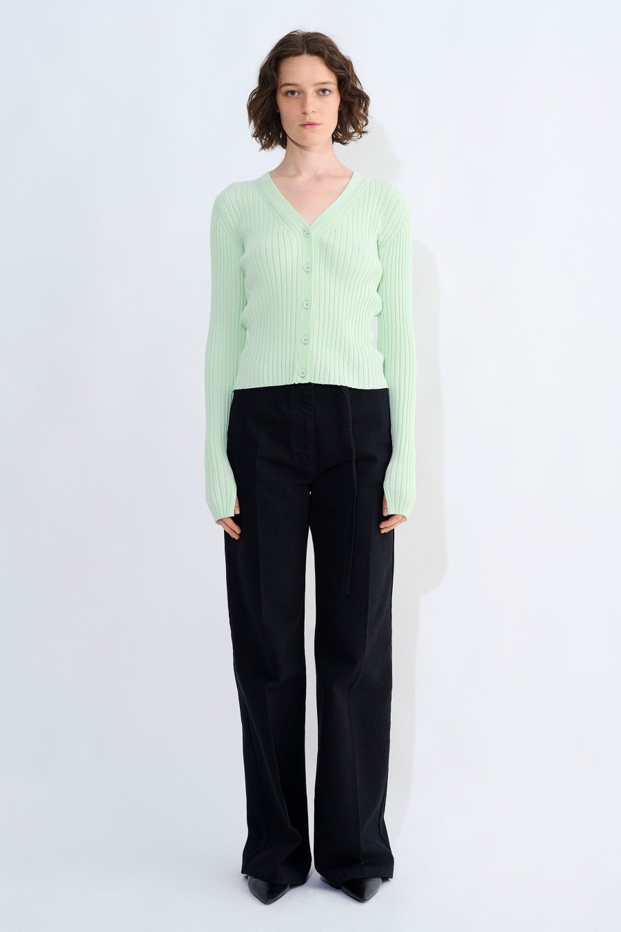 Knits Christian Wijnants | Kloe Ribbed V-Neck Cardigan With Slit Detail At Cuff