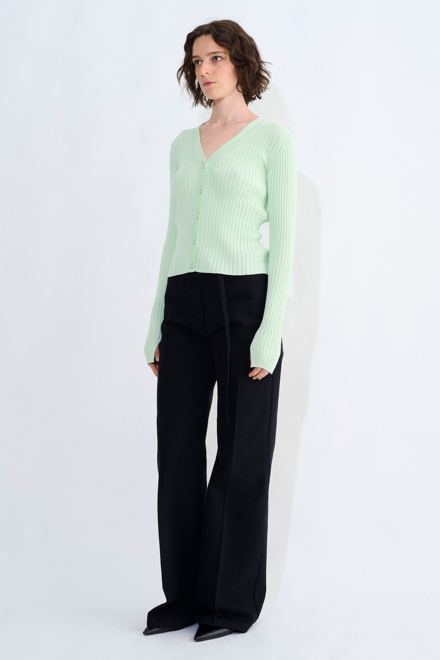 Knits Christian Wijnants | Kloe Ribbed V-Neck Cardigan With Slit Detail At Cuff